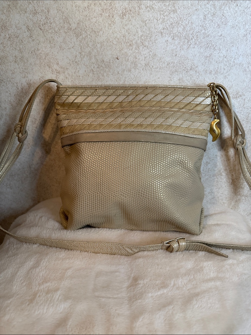 Sharif Vintage Metallic Beige Crossbody Bag with Chain Charm